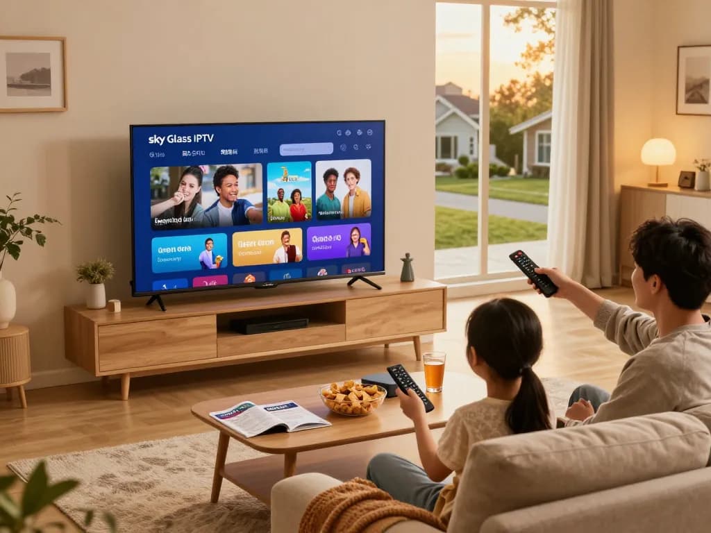 Sky Glass IPTV installation Guide with family setting up Smart TV in a cozy living room.