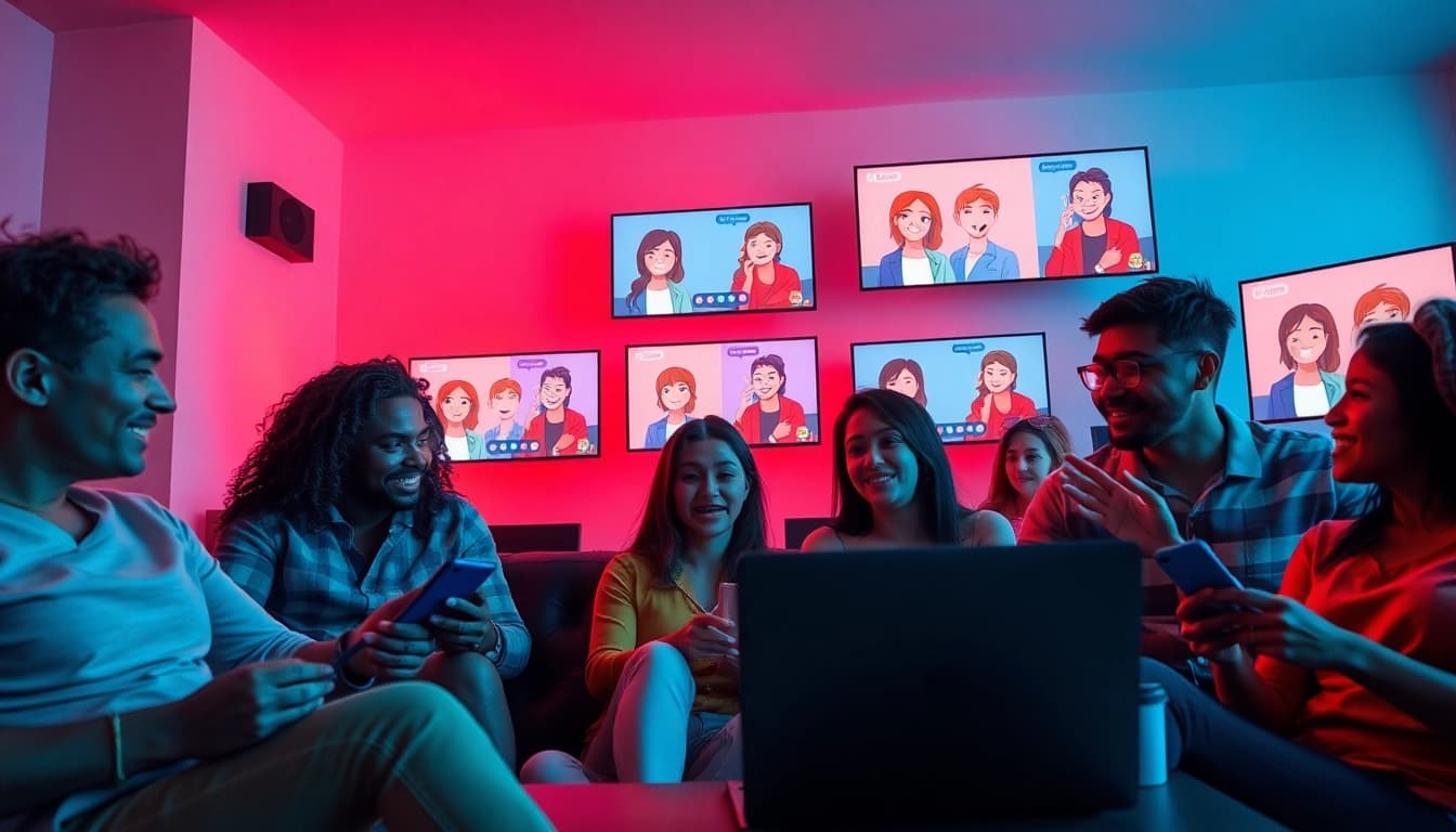 Engaging sexchat scene with diverse adults in a lively virtual chat environment.