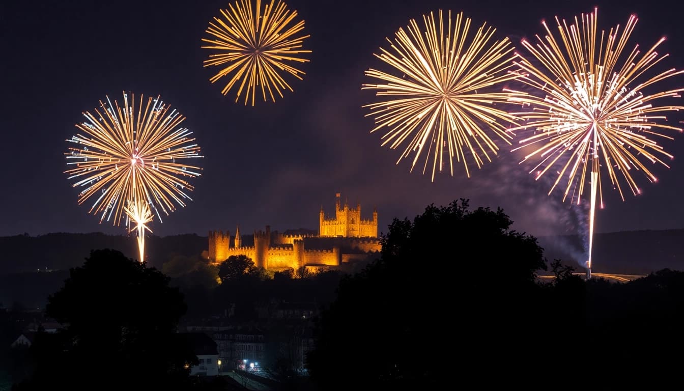 Illuminating fireworks uk lighting up the night sky over a historic castle.