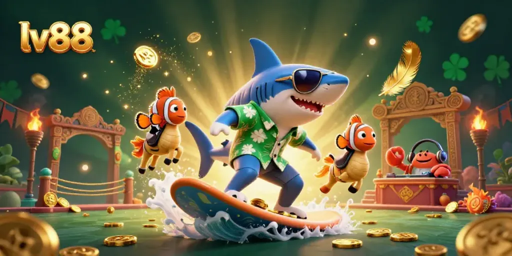 Witness an exciting lv88 casino adventure with animated characters surfing on gold coins.
