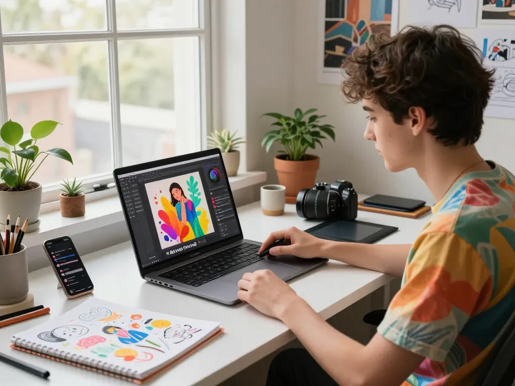 Artist utilizing the Nano Banana 2 AI image editor in a vibrant creative workspace.