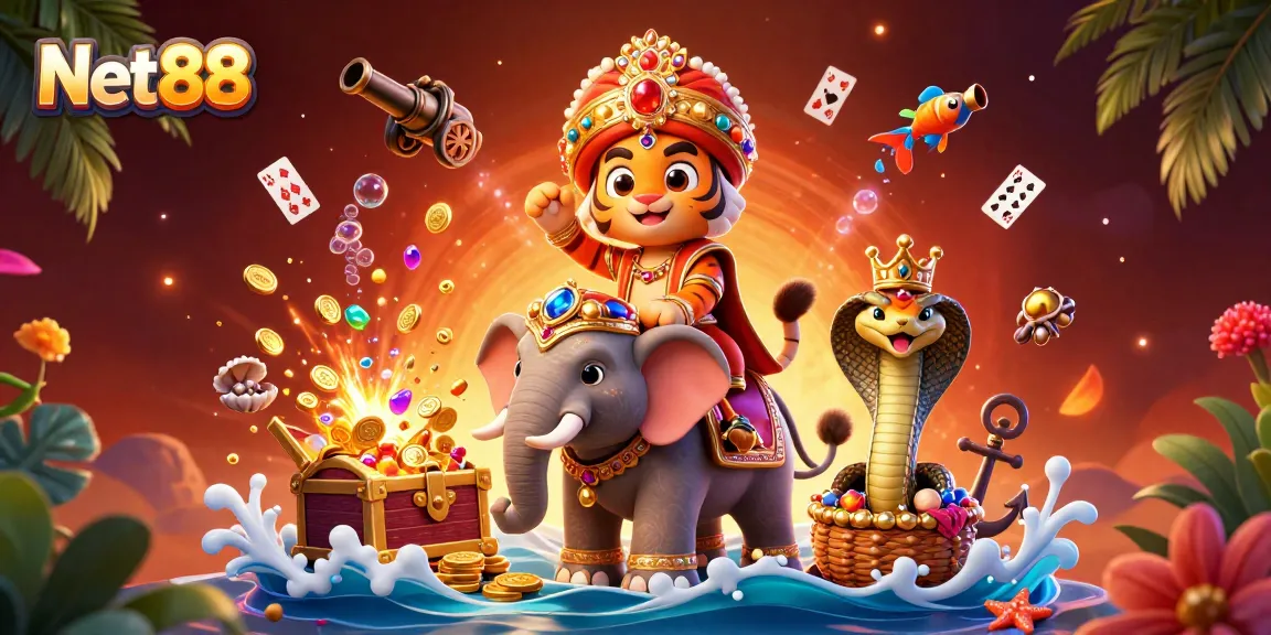 Experience excitement with Net88's vibrant casino scene featuring tiger and elephant characters amidst treasure.