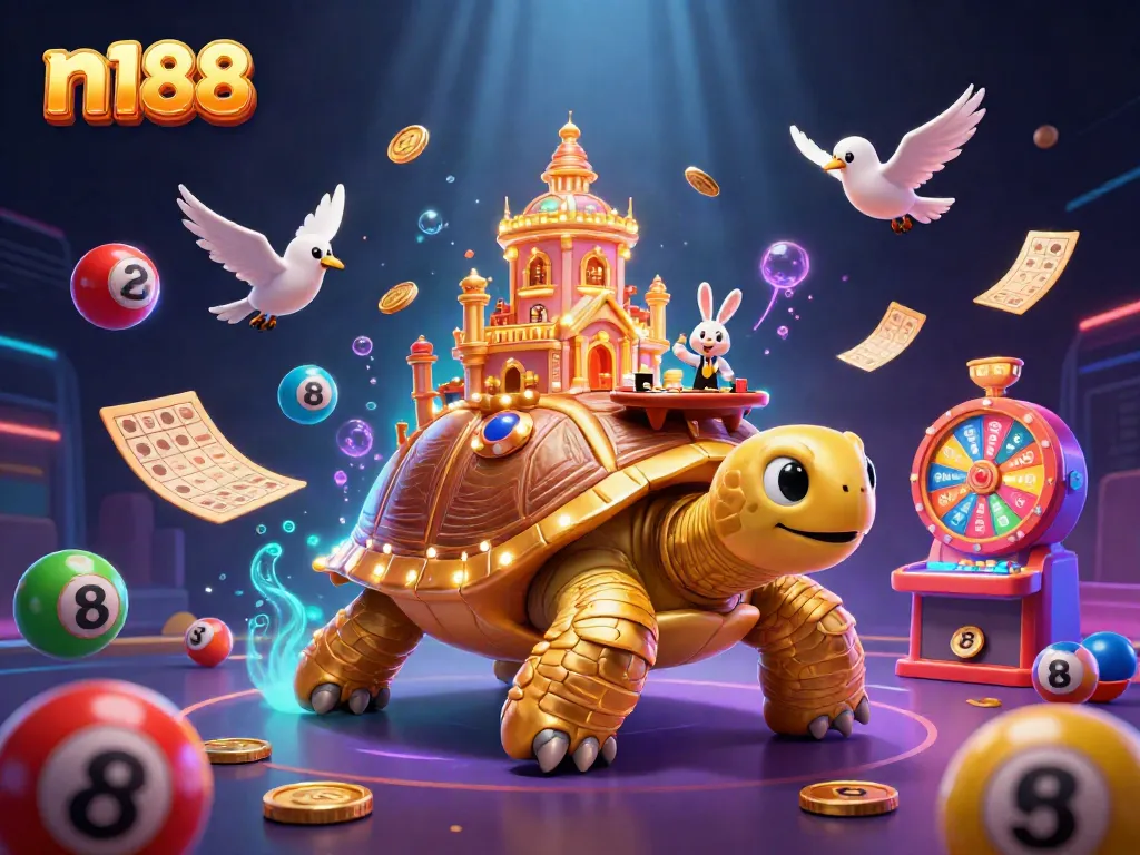 Experience vibrant casino excitement with N188 featuring a golden tortoise, dynamic lottery games, and a lively dealer.