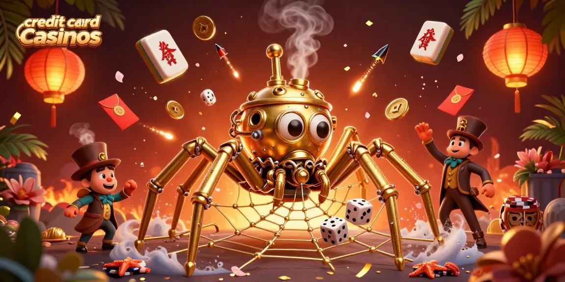 Engage with credit card casinos through a vibrant 3D scene featuring golden spider webs and vibrant game elements.