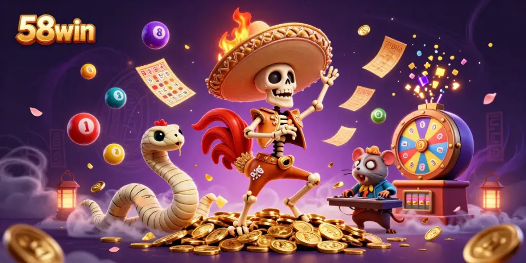 Experience the vibrant energy of 58win as a skeleton mariachi rooster dances on coins amidst dynamic lotto elements.