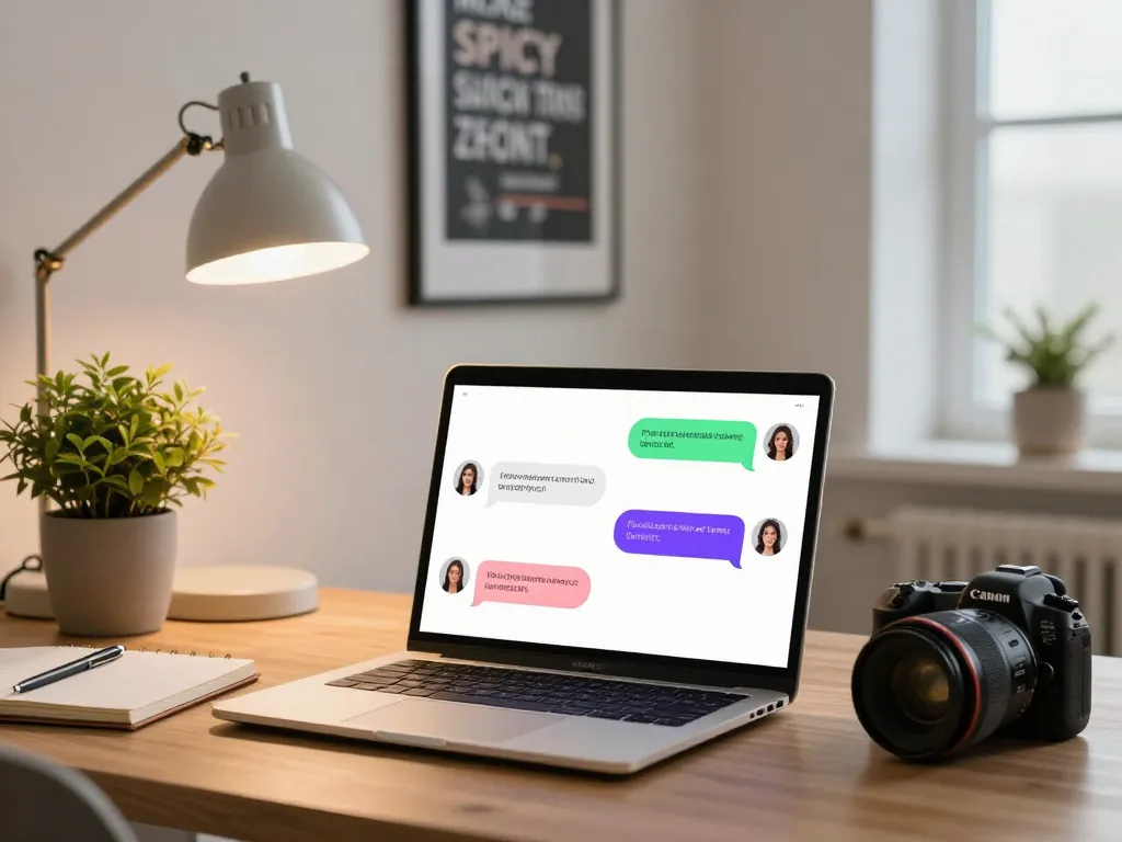 Interactive spicy chat environment with AI chatbot on laptop in a cozy home office.
