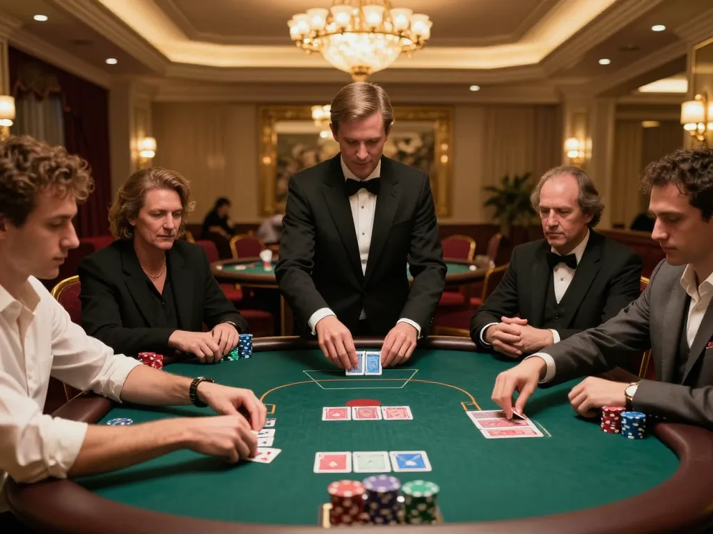 Dynamic poker game at LUCK88 casino featuring players strategizing bets and a busy dealer
