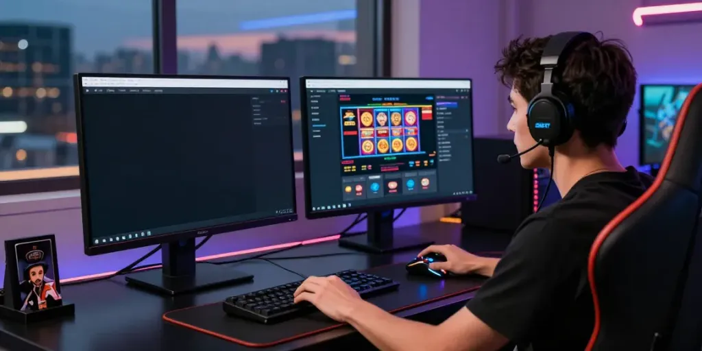 Engaged user enjoying gaming at https://9bet.ru.com/ with vibrant displays and ambient lighting