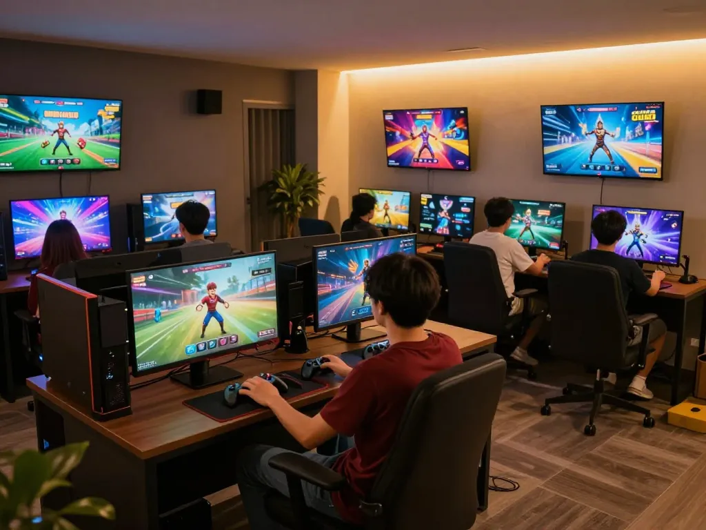 IWINCLUB players enjoying diverse gaming options in stylish modern gaming room.