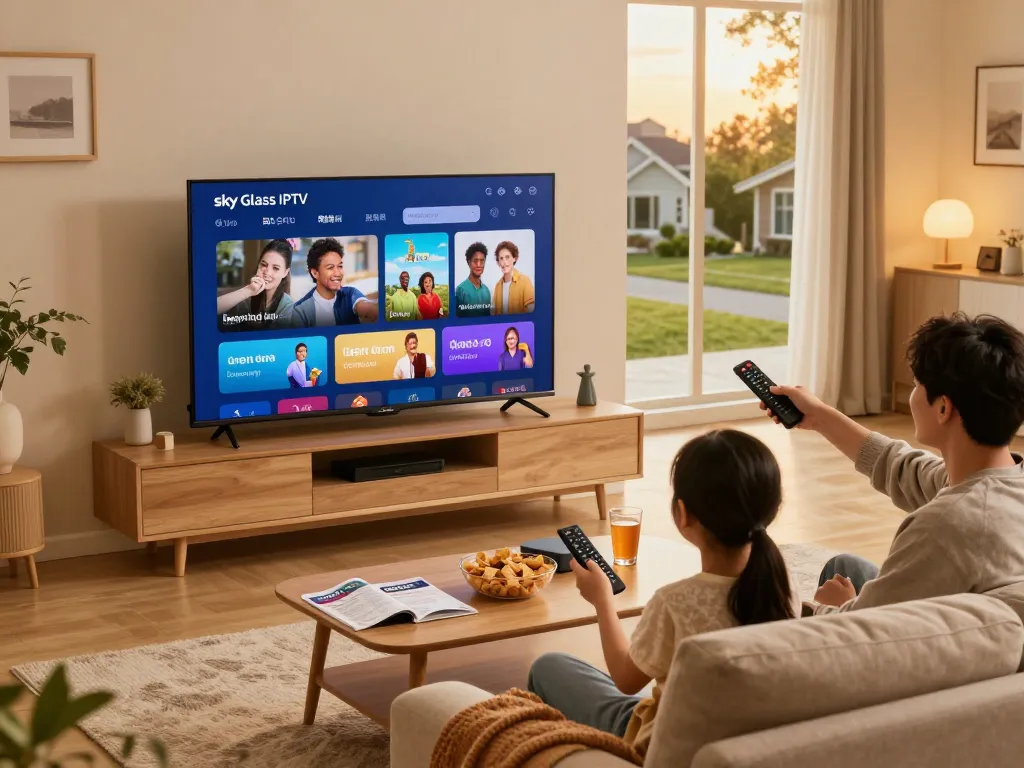 Sky Glass IPTV installation Guide with family setting up Smart TV in a cozy living room.