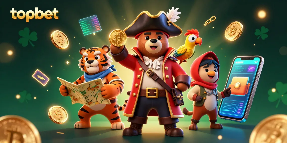Experience thrilling gaming at topbet with a cartoon pirate and tiger amidst vibrant digital coins and devices.