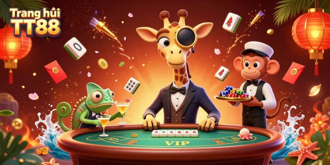 Engage in thrilling gameplay at Trang chủ TT88 with a high-roller giraffe at a poker table.