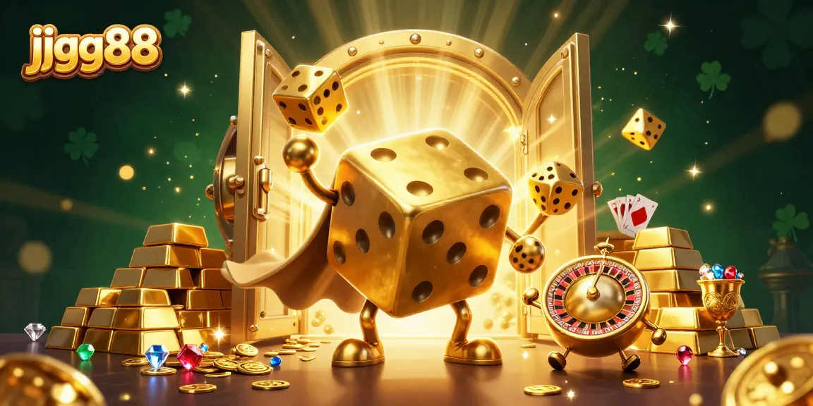 Experience thrilling victories at jjgg88 with a vibrant casino scene featuring golden dice, treasures, and dynamic gaming elements.