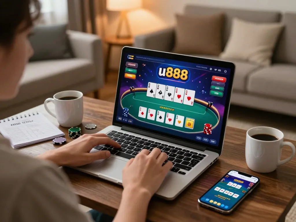 Player enjoys u888 poker on a laptop, with cozy home setup highlighting responsible gaming.