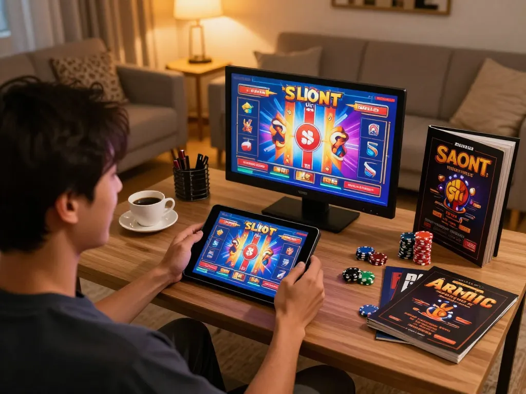 Experience Slot Malaysia excitement with a player enjoying online gaming on their tablet at home.
