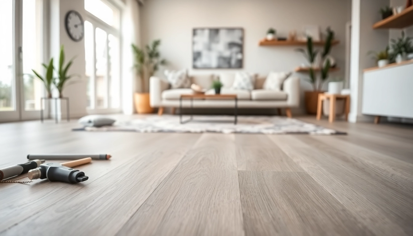 Enhance your home with lvp flooring near me, featuring a light grey oak finish in a modern living room.
