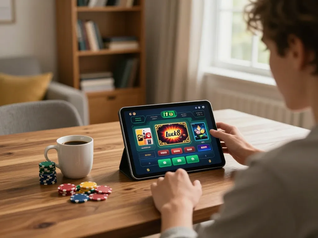 Engaging with the 11 luck8 casino app at home, a player immersed in strategic gameplay.