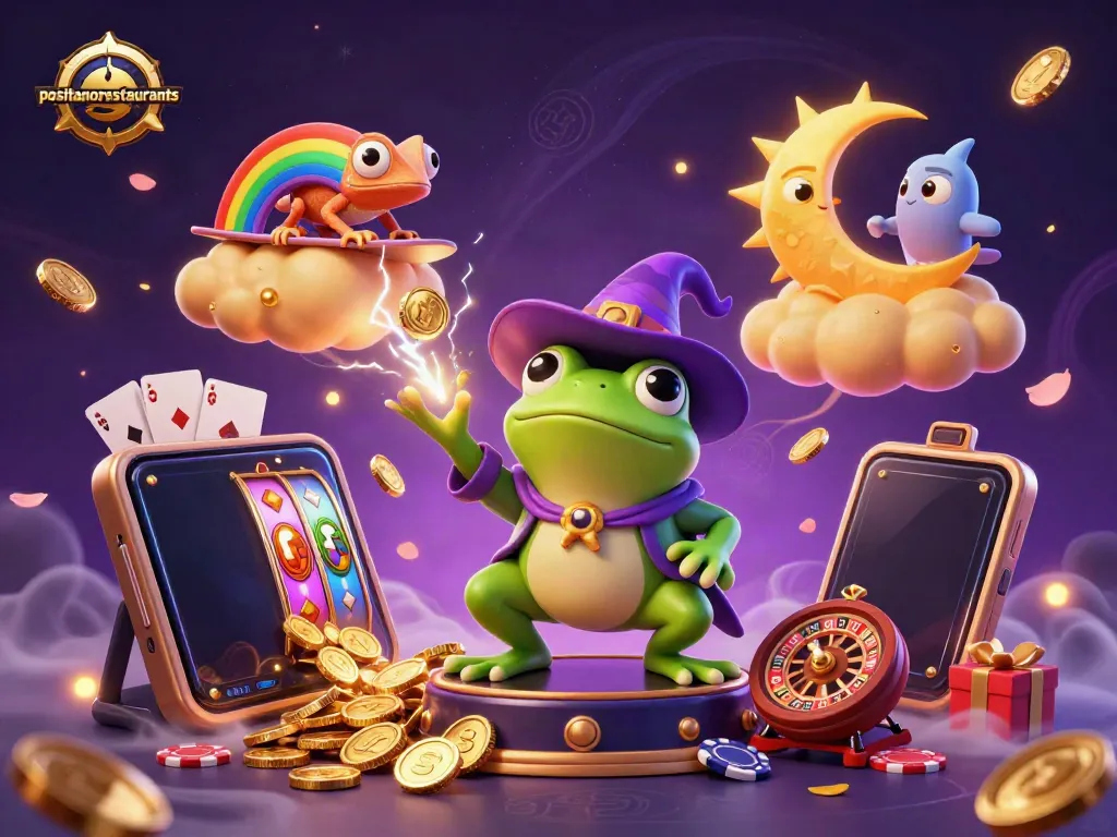 Engage with positanorestaurants as the weather wizard frog conjures golden coins in a vibrant casino scene.