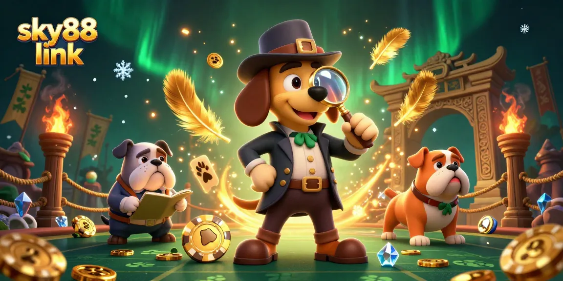 Bet on excitement with sky88 link: Detective and bulldog exploring a treasure hunt in a 3D casino