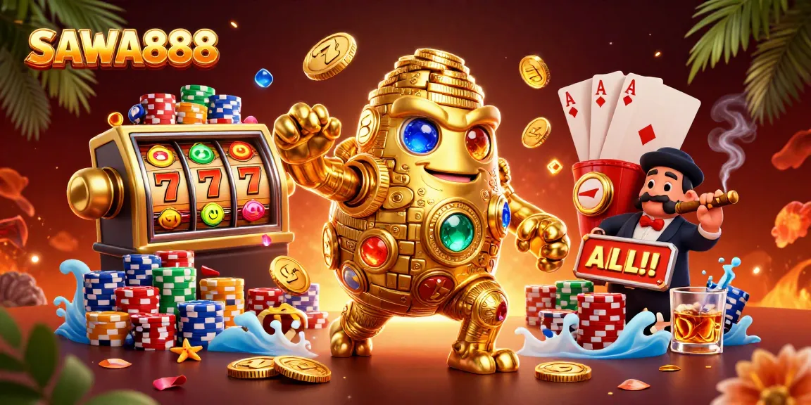 Experience the excitement at SAWA888 with vibrant slot reels and a golden golem amidst dynamic casino elements.