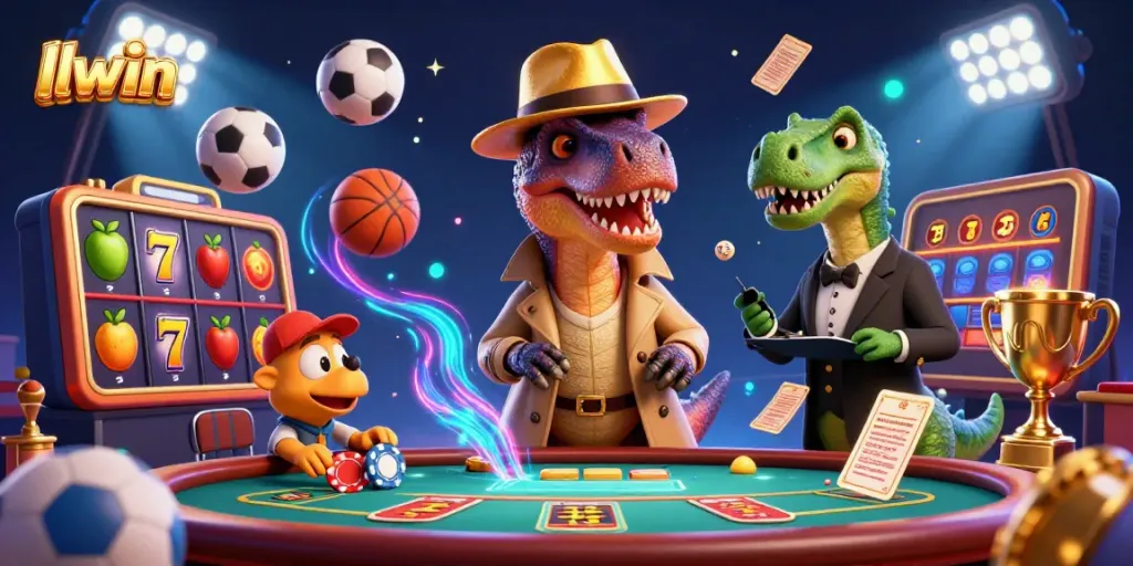Experience thrilling gaming at llwin with a velociraptor card counter, sports elements, and vibrant slot symbols.