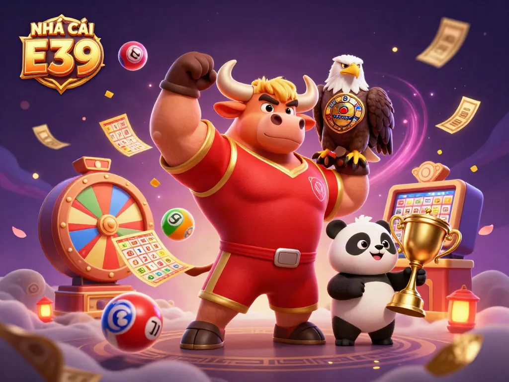 Experience excitement at NHÀ CÁI E39 with vibrant lottery balls and cheerful mascots in a dynamic casino illustration.