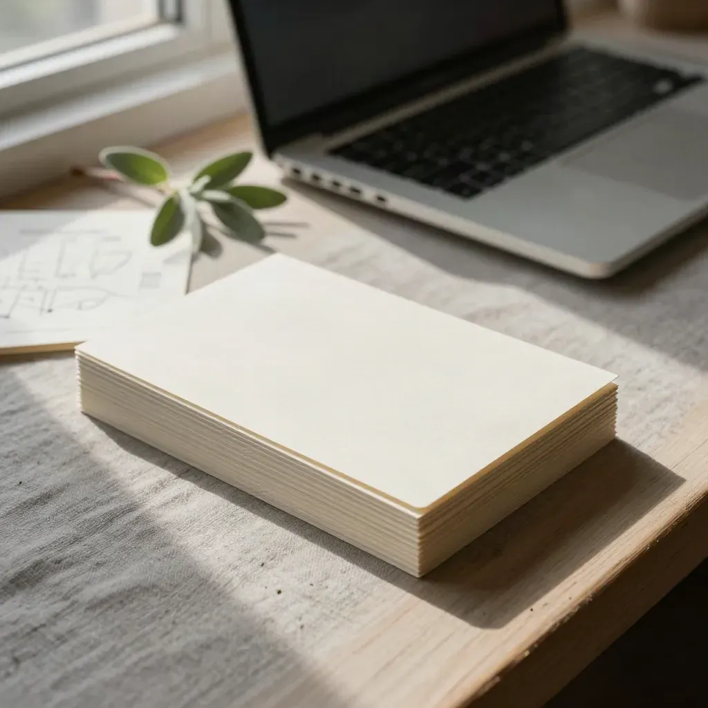 Open laptop, page-flow cards, folded sitemap sheet and small plant on a pale wood bench in warm studio light.