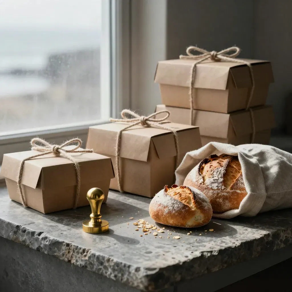 Bakery boxes, wrapped loaves, rolls, and brass stamp on a sea-worn stone counter.