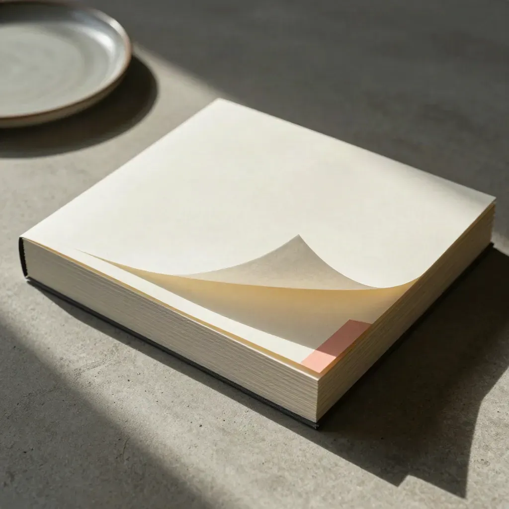 Overhead of zines and proofs sliding on concrete beside a dark ceramic dish