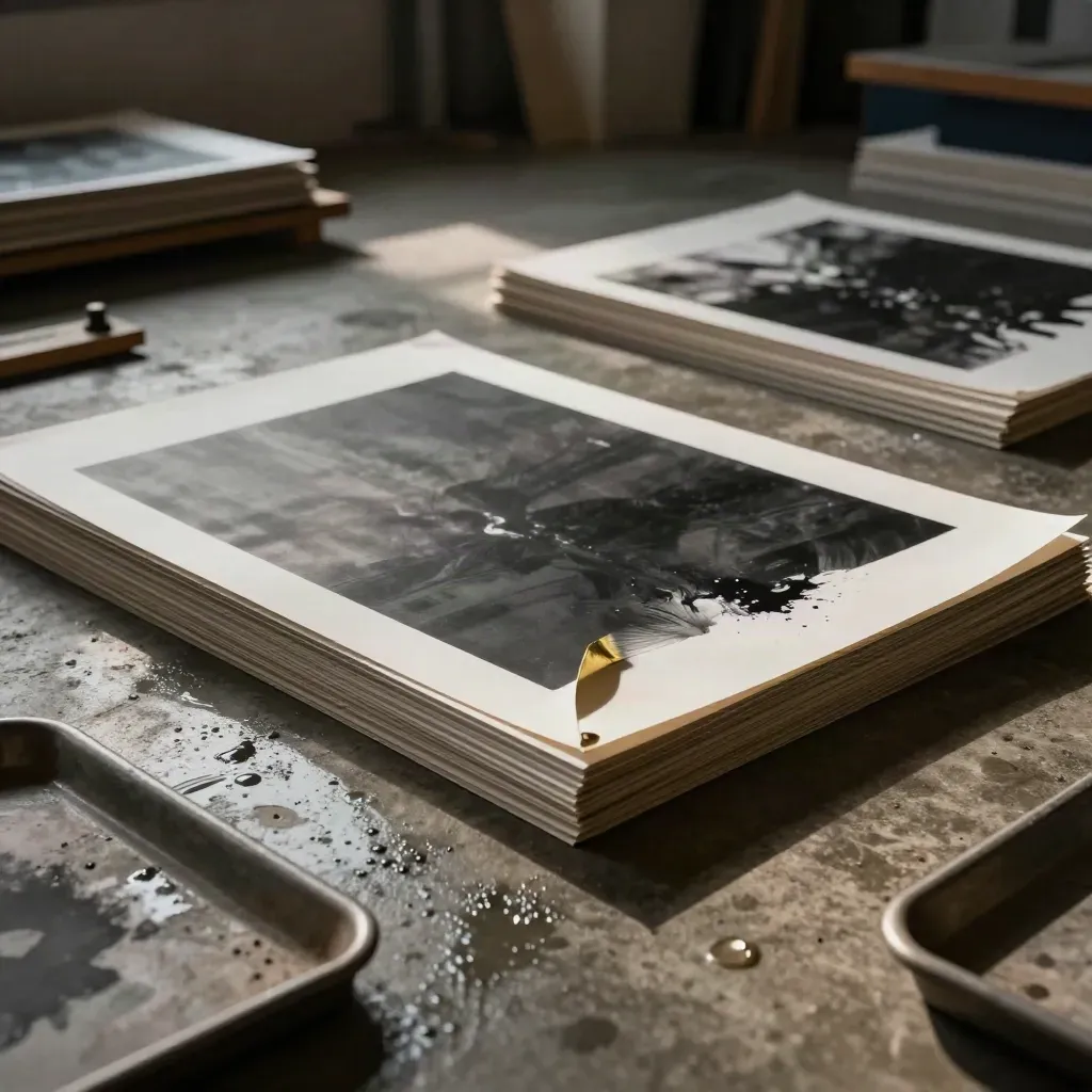 Ink-dark poster sheets drying on a concrete studio floor under brass glints and deep shadows