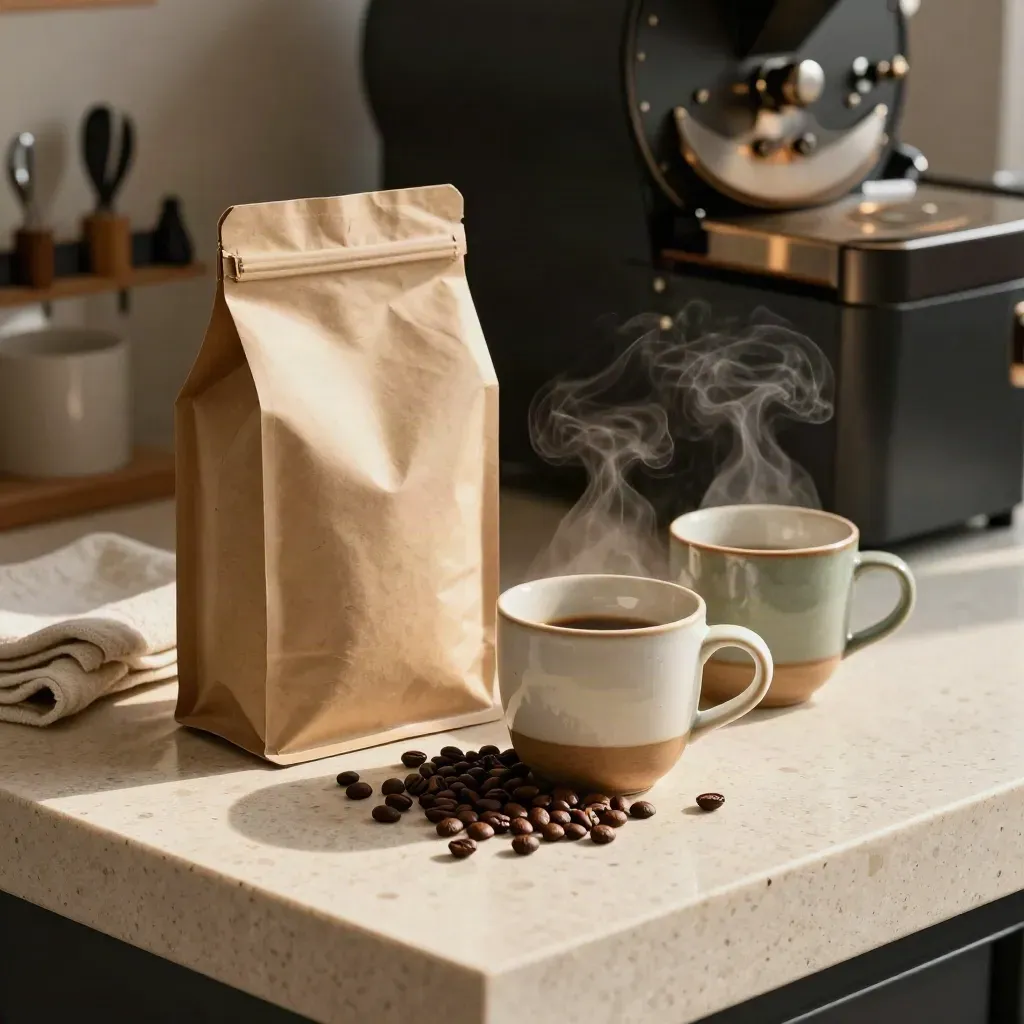 Coffee cups, beans, grinder and sample bags glowing on pale stone in a warm roastery