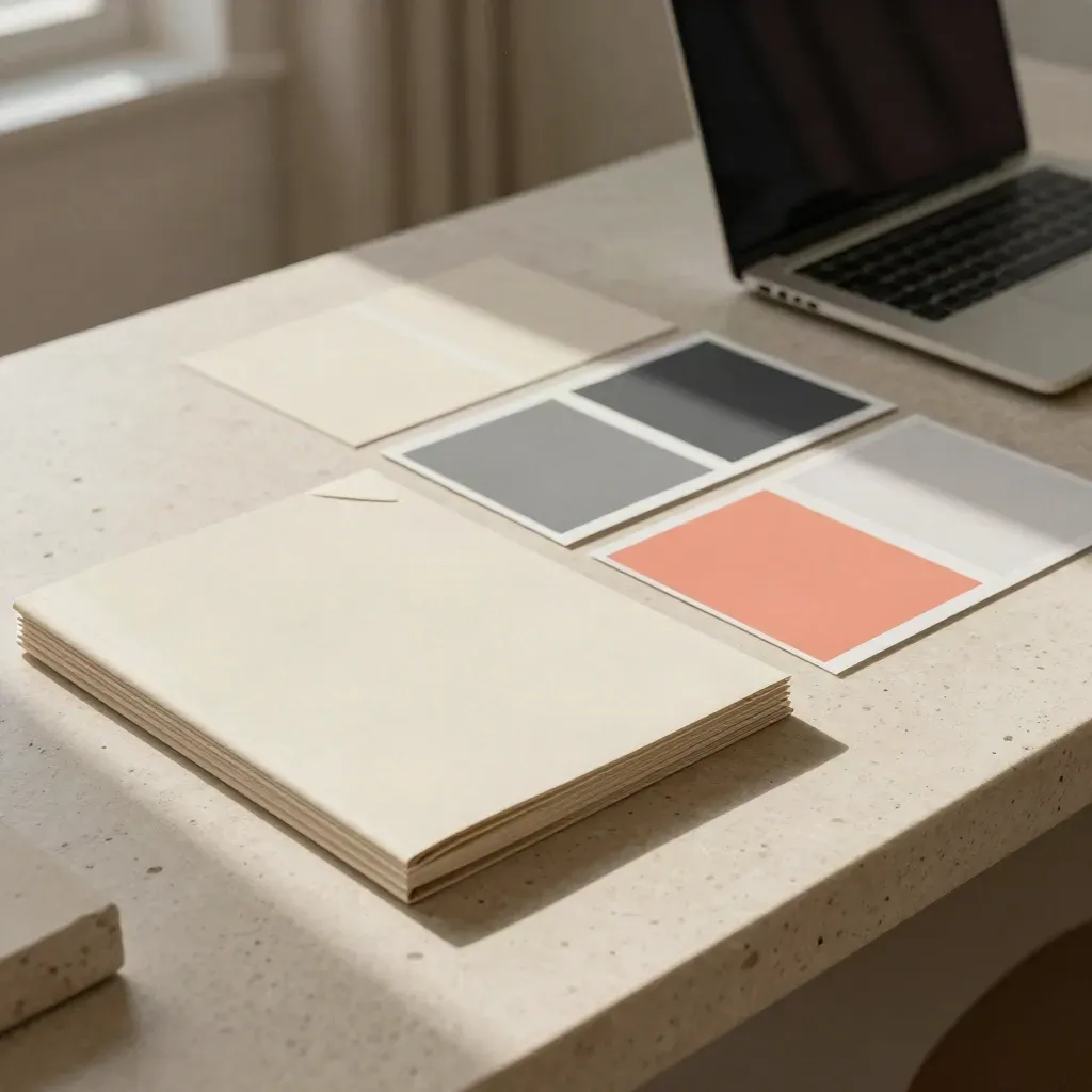 Travertine studio table with brief folder, moodboards, laptop and mockups in warm light.