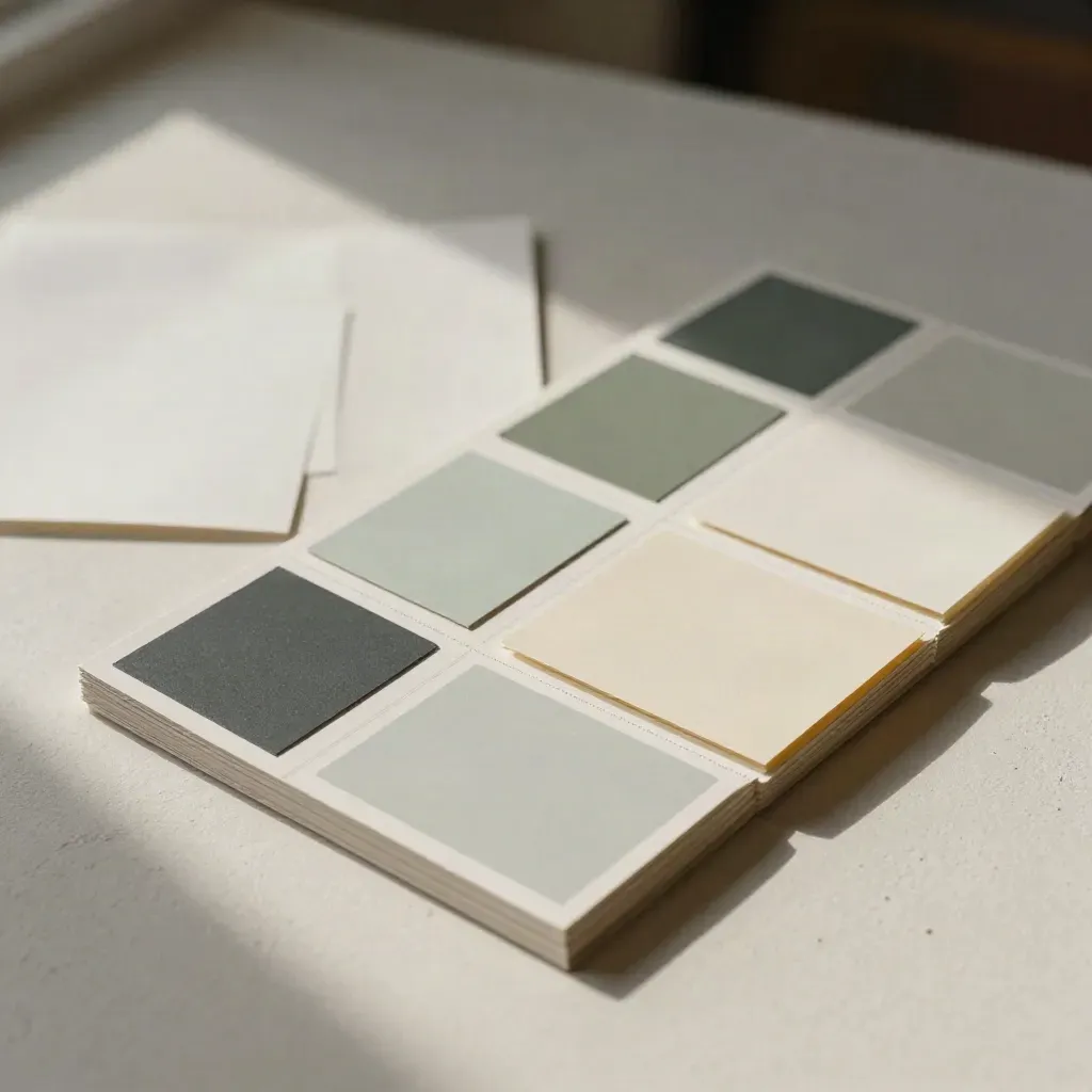 Overhead brand map spread with tone cards, colour chips and charcoal accents on pale plaster.