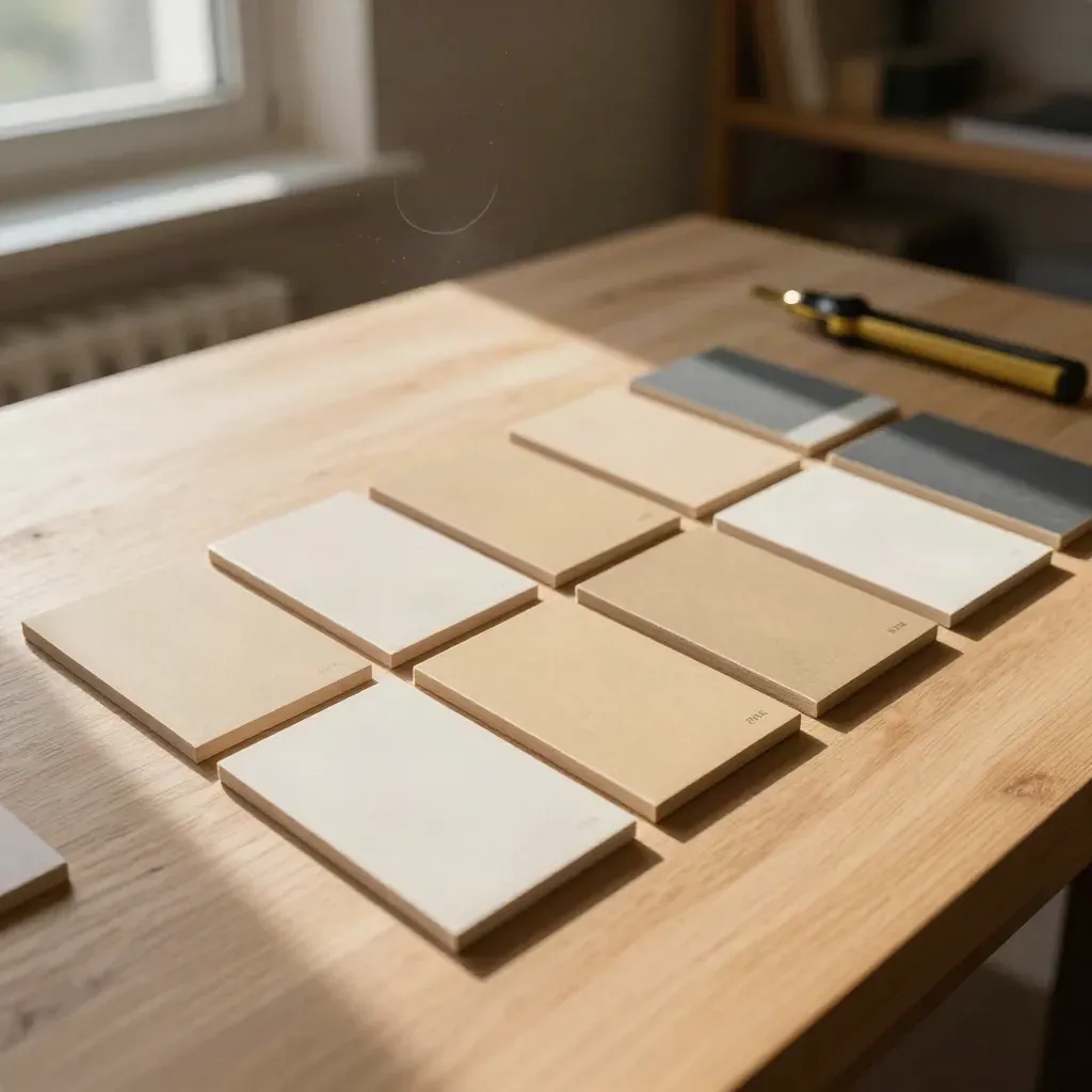 Logo tiles, spacing cards, and brass-accent swatches on a sunlit worktable.