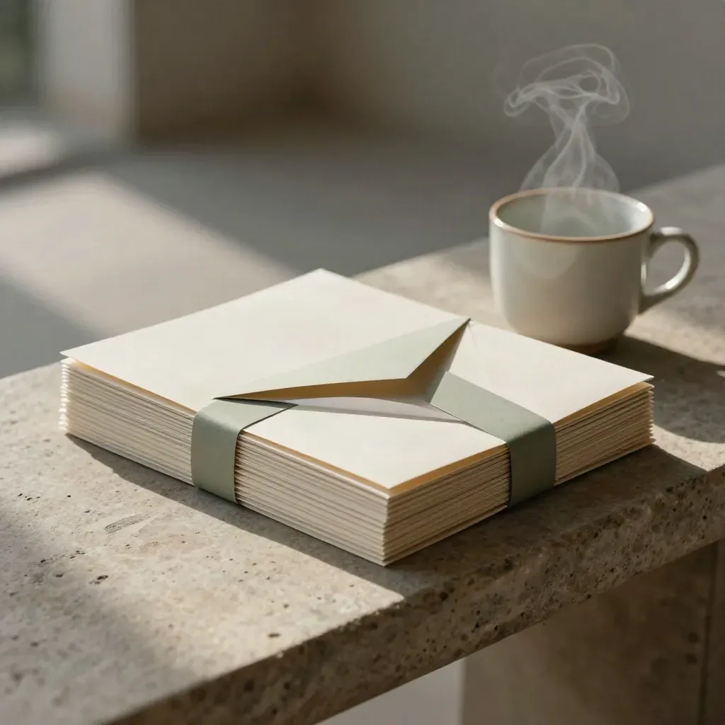 Storefront kit with menu sleeves, card packs, envelope and steaming cup on a stone bench.