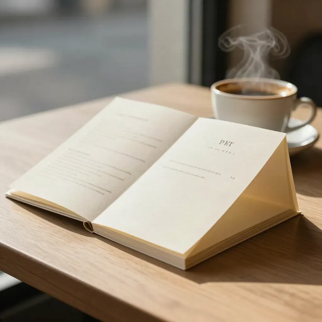 Ivory café menu boards, folded tent cards, and a steaming ceramic cup on pale wood.