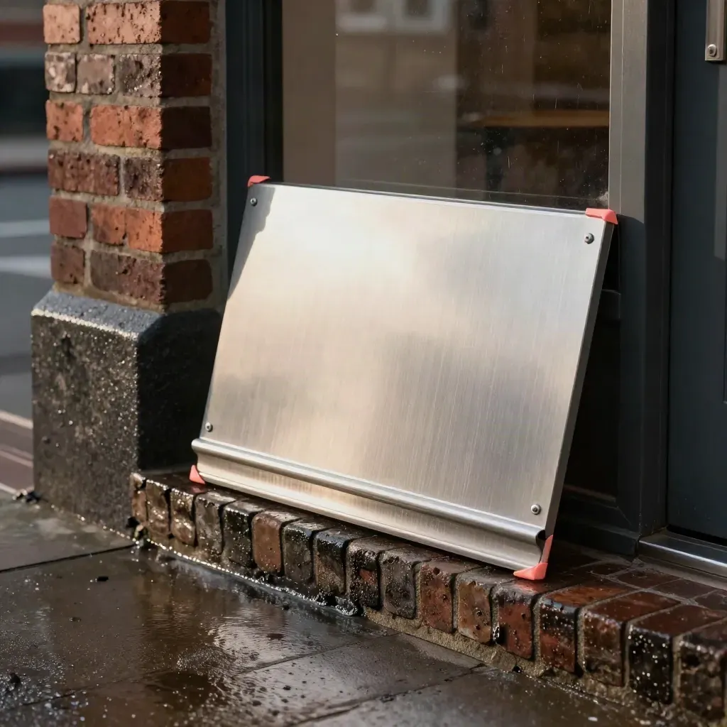 Blank storefront sign leaning on a wet brick threshold in light drizzle