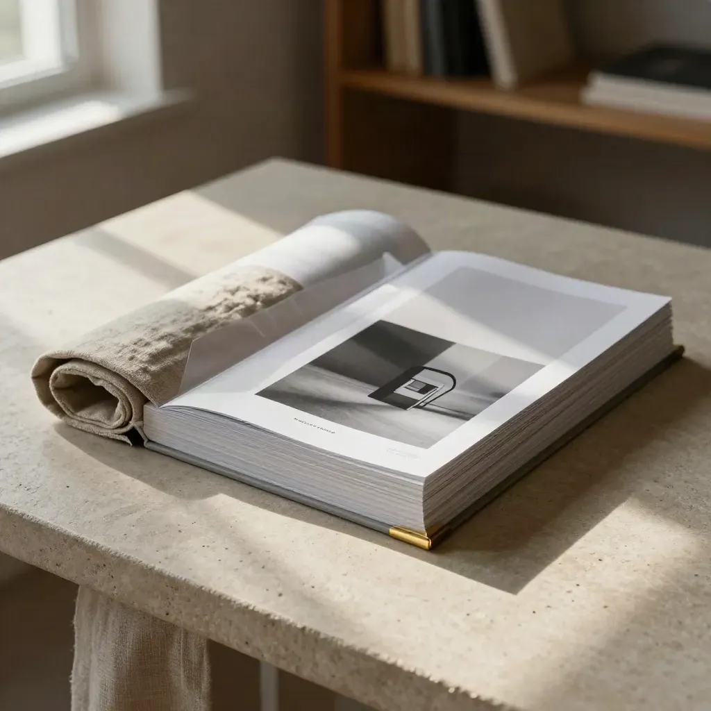 Editorial deck, linen wrap, and paper dividers on a stone table in warm window light.
