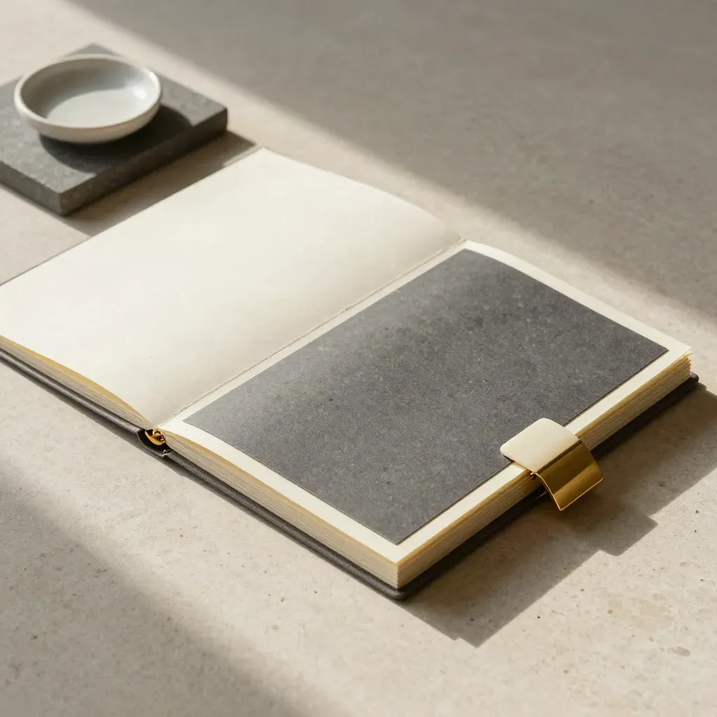 Overhead strategy folder with colour chips, tabs and ceramic dish on stone tray