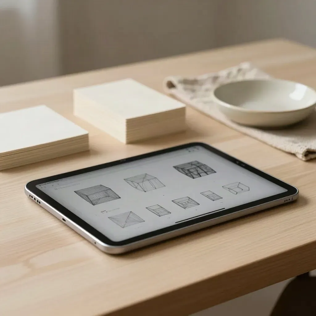 Tablet with wireframe pages, ivory cards, linen cloth and ceramic dish on pale wood.