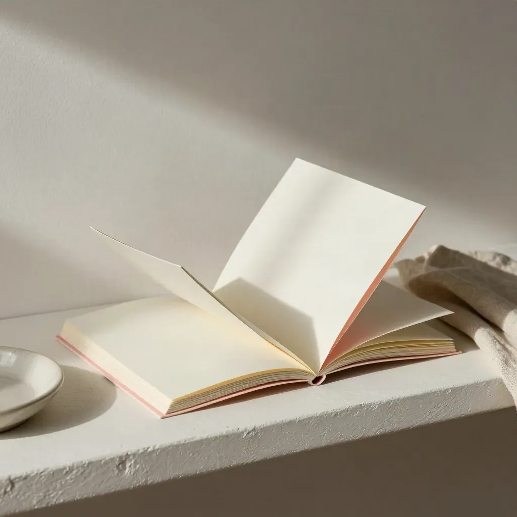 Overhead still life of zine proofs, ceramic dish, and linen cloth on a plaster shelf.
