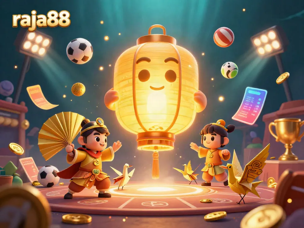 Join the fun at raja88 with this vibrant casino scene filled with golden lanterns and dynamic sports action.