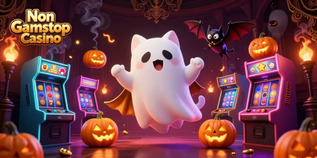 Engage with the glowing Non Gamstop Casino, featuring a friendly ghost cat amid vibrant gaming elements.
