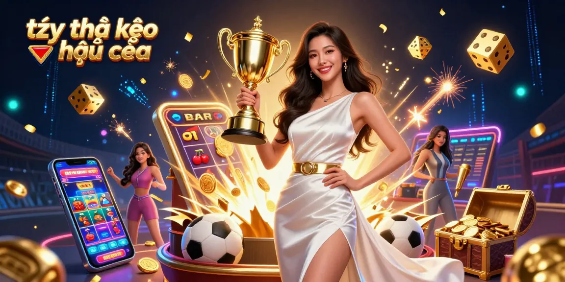 Engage with the latest tỷ lệ kèo nhà cái, featuring a winning woman celebrating with sports betting elements and a trophy.