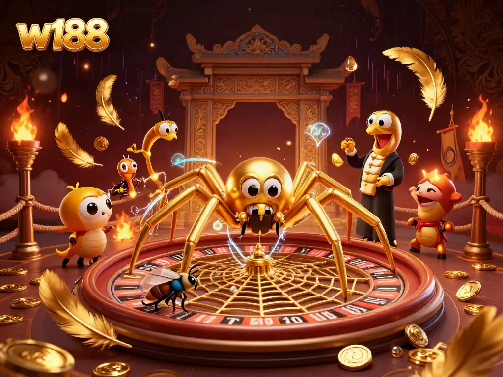 Engage with thrilling bets at w188, featuring a spider, fly, and croupier in a roulette wheel scene.