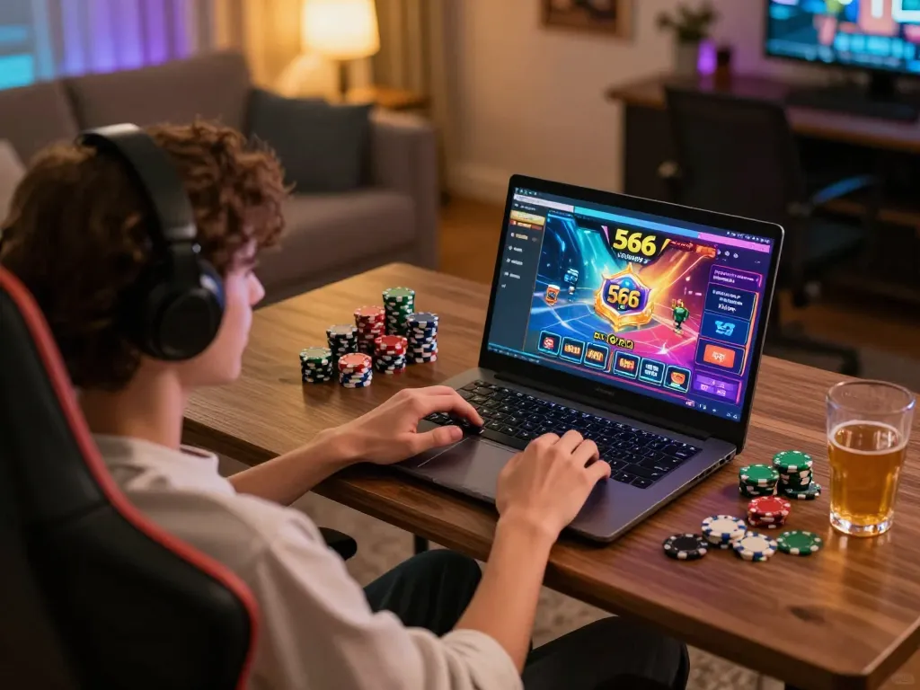 Experience thrilling gameplay on casino 566 with a user enjoying online slots and poker.