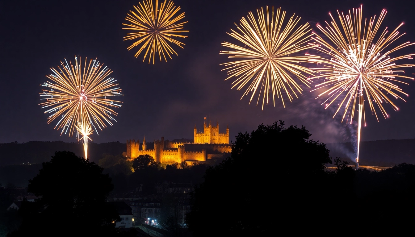 Illuminating fireworks uk lighting up the night sky over a historic castle.
