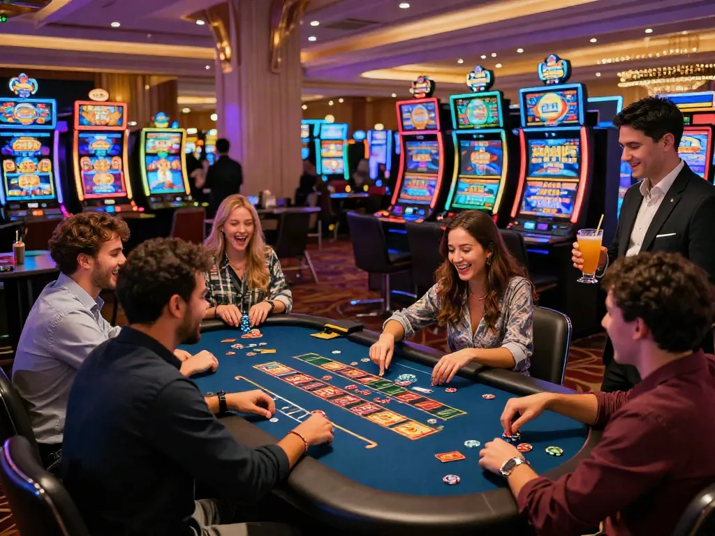 Excited players engaging at a credit card casino, lively gaming atmosphere.