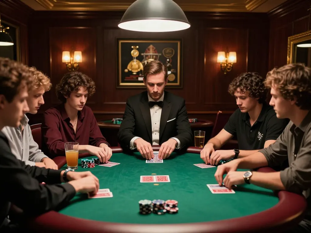 79KING players engaged in high-stakes poker game in an upscale underground room
