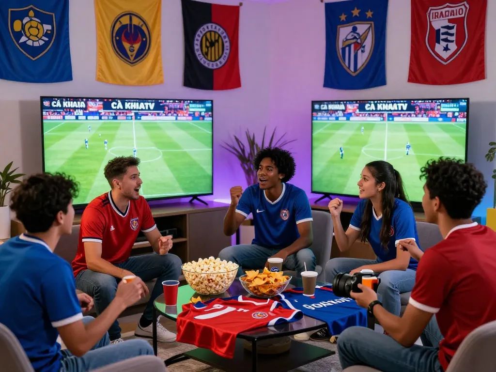 Excited fans enjoying a live Cà Khịa TV soccer match in a vibrant living room.